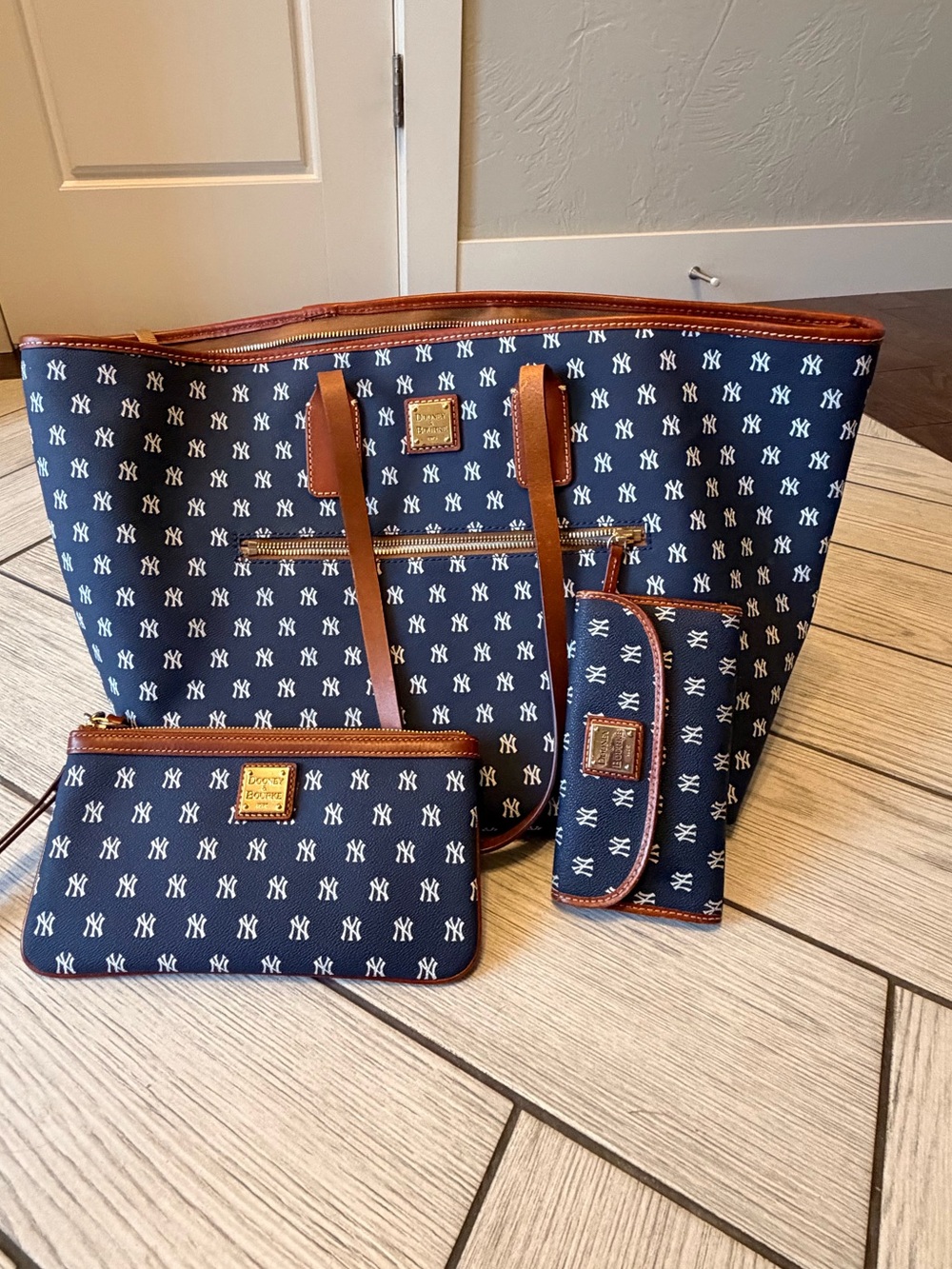 Dooney & Bourke NY Navy Monogram Tote Set with Brown Trim